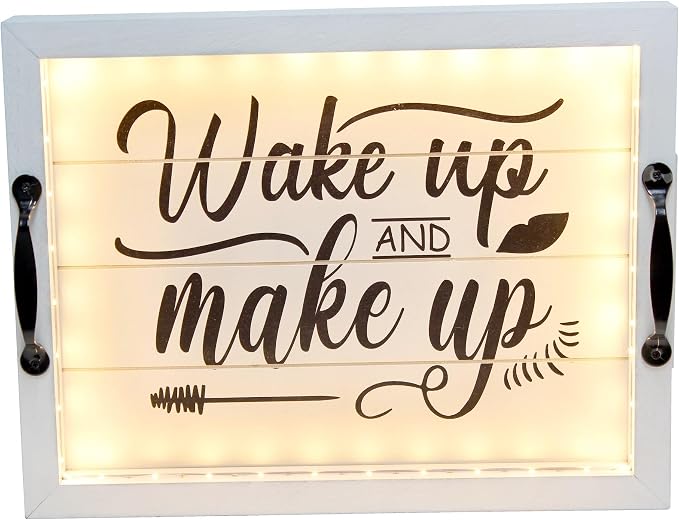 Elegant Designs HG2032-WWM Salento Farmhouse Rectangular Decorative LED Light Up Wooden Serving Tray w Metal Handles & Wake up and Make up in Black for Décor, Centerpiece, Breakfast, Bar, Whitewash