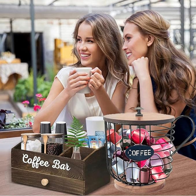 Coffee Pod Baskets, Coffee Pod Holder, Coffee Pod Organizer, Large Capacity Black Wire Coffee Pod Storage with Wooden Base, Decor for Kitchen Countertop for Pods & Espresso Capsules