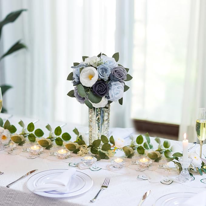 BLOSMON Artificial Flowers Ball Wedding Centerpieces 6 Pcs Dusty Blue Rose Artificial Flower Center Pieces Decoration for Table Silk Kissing Ball Floral Bouquet Arrangements Home Party DIY Decor