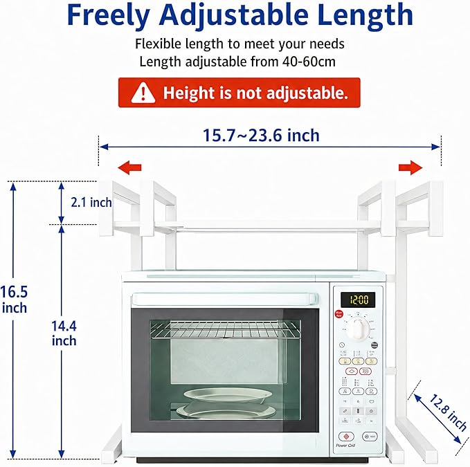 PUSDON Adjustable Carbon Steel Microwave Oven Rack, 2-Tier with 3 Hooks, 55lbs Weight Capacity, White