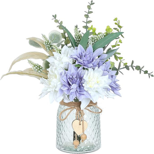 Faux Flowers with Vase,Artificial Silk Flowers in Vase, Fake Plant Eucalyptus and Willow,Flower Arrangement for Home Farmhouse kitchen Dining Table Centerpiece Decorations Table Decor (Dusty Purple)