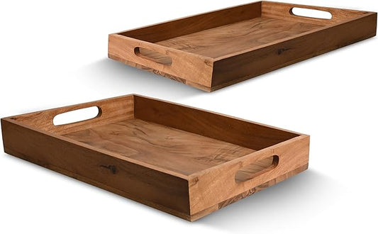 Premium Acacia Wood Serving Tray with Handles 14’’ x 10’’ x 2’’ – Decorative Wooden Serving Platter for Breakfast in Bed, Coffee Table, Ottoman, Couch, Patio, BBQ & Party Serving