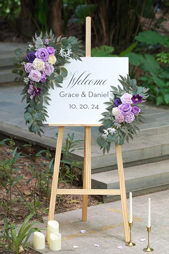 Olalaka Faux Flower Swag Set of 2 for Wedding Welcome Signs Floral Decorations, Purple Wedding Arch Flowers for Wedding Ceremony (Lilac & Purple & Cream)