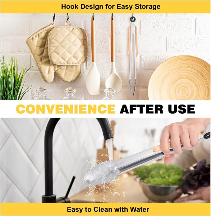 Premium Metal Kitchen Tongs for Cooking - Heat Resistant 1100°F Stainless Steel Tongs with Comfortable Wooden Grips - Perfect for Grill, Salad, Toaster, Cooking, and Serving Food (12-inch)