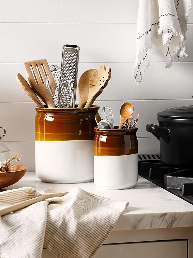 LE TAUCI Kitchen Utensil Holder, 7.2" & 5.4" Ceramic Utensil Crock for Countertop, Large Heavy Weighted Spatula Organizer, Rustic Farmhouse Decor, Vintage Two-Tone Glaze, Set of 2, Brown & White