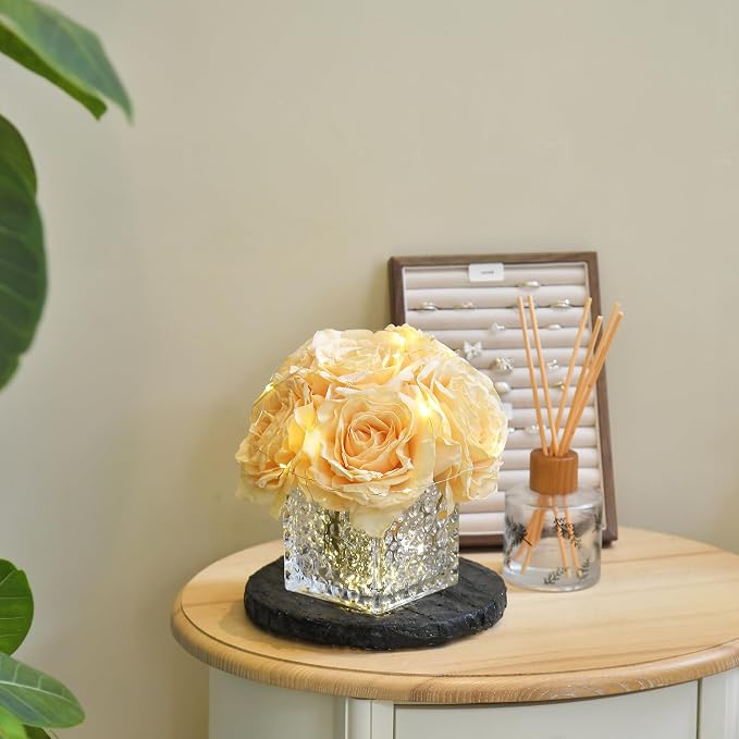 Artificial Rose in Glass Vase Vintage Silk Flower Arrangement with LED Light for Table Centerpiece Home Wedding Decoration (Champagne)