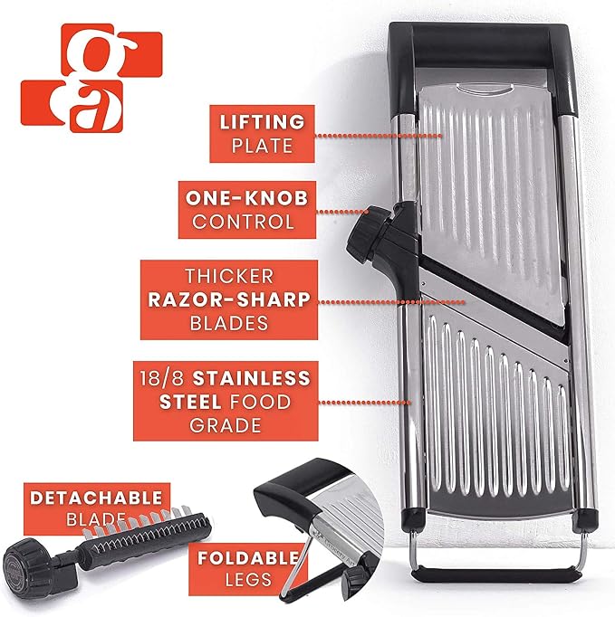 Mandoline Slicer with Cut-Resistant Gloves and Blade Guard – Adjustable Mandolin Vegetable Slicer and French Fry Cutter, Food Slicer, Vegetable Julienne – Thick Sharp Stainless Steel Blades