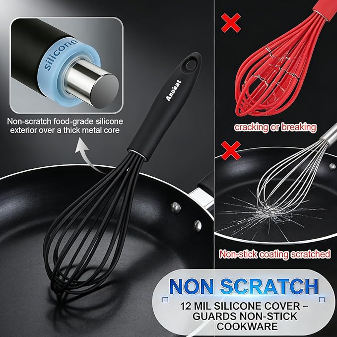Anaeat 9" Silicone Balloon Whisk, Perfect for Non-Stick Cookware, Milk and Egg Beater Blender, Heat Resistant Kitchen Whisks for Whisking, Cooking, Baking, Beating, Frothing & Stirring (Black)