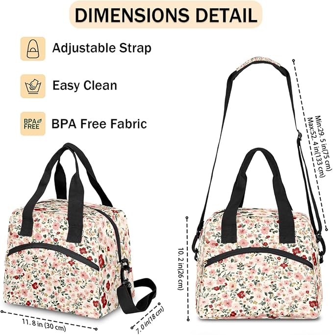 Floral Flower Insulated Lunch Bags for Women Girls Adult Ethnic Reusable Lunch Tote Therma Cooler Bag with Shoulder Strap Lunch Box for School Work Office Picnic Meal Prep Bag