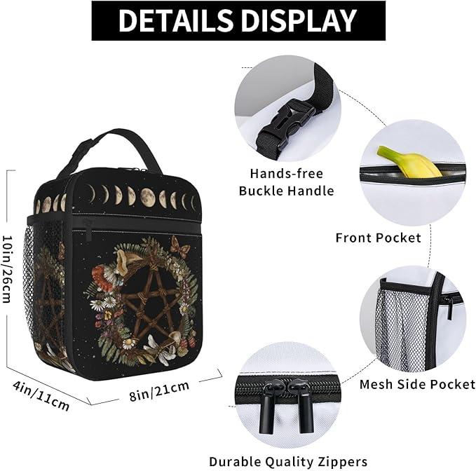 Gianlaima Wicca Moon Phase Witchy Star Magic Mushroom Insulated Lunch Box For Women And Man, Portable Lunch Bags Reusable Cooler Tote For Office Work Travel Picnic Camping Beach