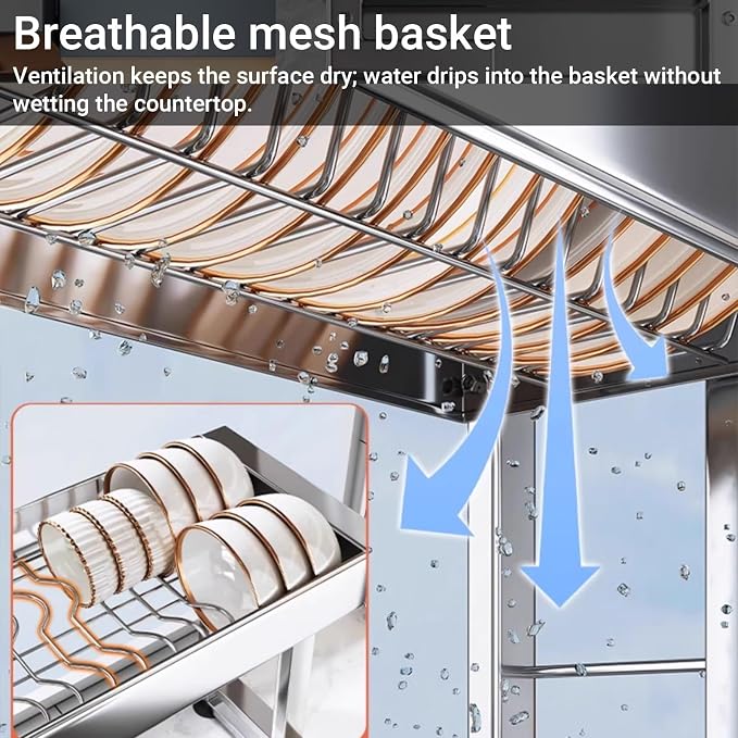 Over The Sink Dish Drying Rack, 304 Stainless Steel 2 Tier Racks, Multifunctional Kitchen Storage Organizers, for Dishes, Glasses, Bowls & Cutlery(76cm/29.9in)