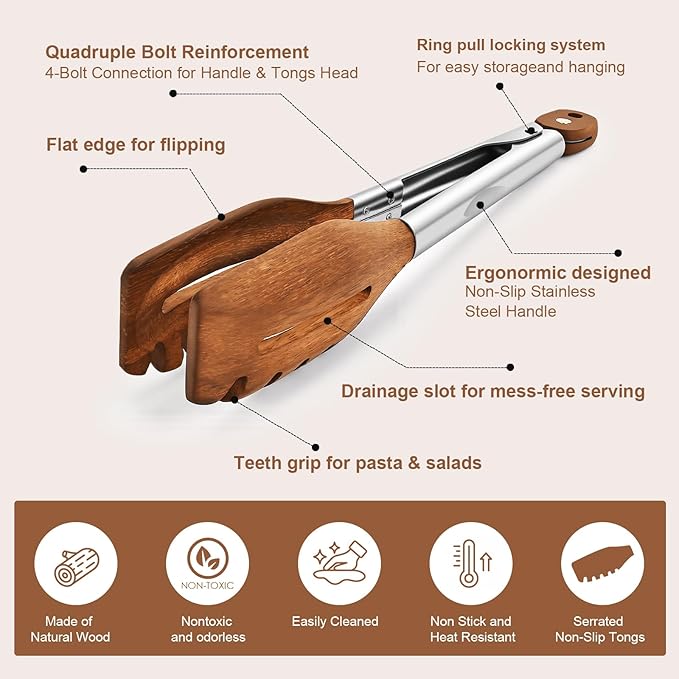 2 Pack 3-in-1 Wooden Tongs for Cooking(12", 15") Natural Walnut Wood kitchen Tongs, Nonstick Heat Resistant Cooking Tongs for Serving, Pasta, Salad, Grilling | Stainless Steel Non-Slip Grip, Pull Lock