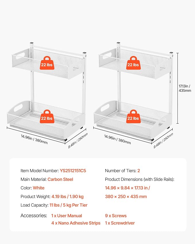 VEVOR Under Sink Organizer, 2 Pack 2-Tier Pull Out Cabinet Organizer with 4-Level Height Adjustment, Metal Slide Out Shelf, Multi-Purpose Cabinet Organizers and Storage for Bathroom & Kitchen, White