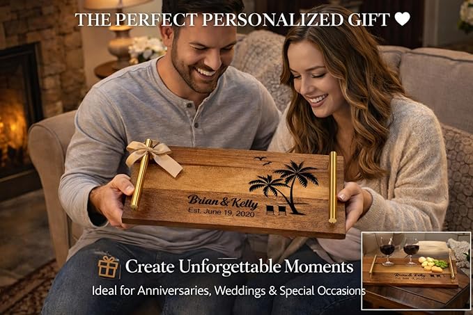 Personalized Acacia Wood Serving Tray with Handles – Engraved Custom Wooden Tray for Wedding, Housewarming, Rustic Farmhouse Charcuterie Tray