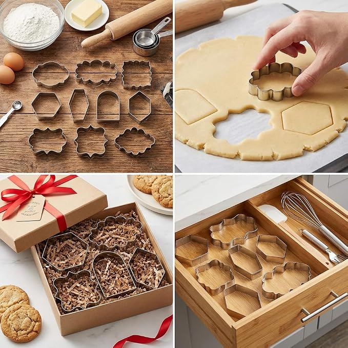 10PCS Stainless Steel Plaque Frame Cookie Cutters - Variety Shapes Fondant Cutters for Baking Wedding Birthday Christmas Metal Biscuit Molds for DIY Decorations