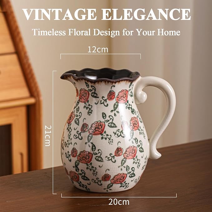 Utensil Holder,Stylish Vintage Ceramic Vase,8.3 Inch Hand-Painted Roses with Ice Crackle Glaze Finish,American Farmhouse Style Pitcher Vase for Home Décor Kitchen Island