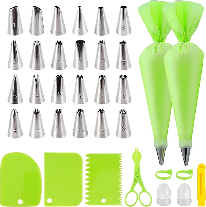 35Pcs Piping Bags and Tips Set with 24 Piping Tips,2 Reusable Pastry Bags 12 Inch,Cake Decorating Tips Set for Diy Pastry Dough, Cookie, Cupcake, Cake