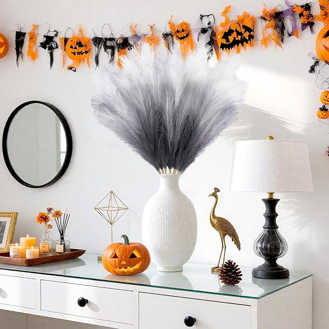 Torontokyo 8Pcs Black Faux Pampas Grass Decor Tall, 35.4” Fluffy Artificial Pompous Grass Branches, Large Pampas Grass Reed Stems for Halloween Gothic Room Decor, Wedding, Baby Shower, Home Boho Decor