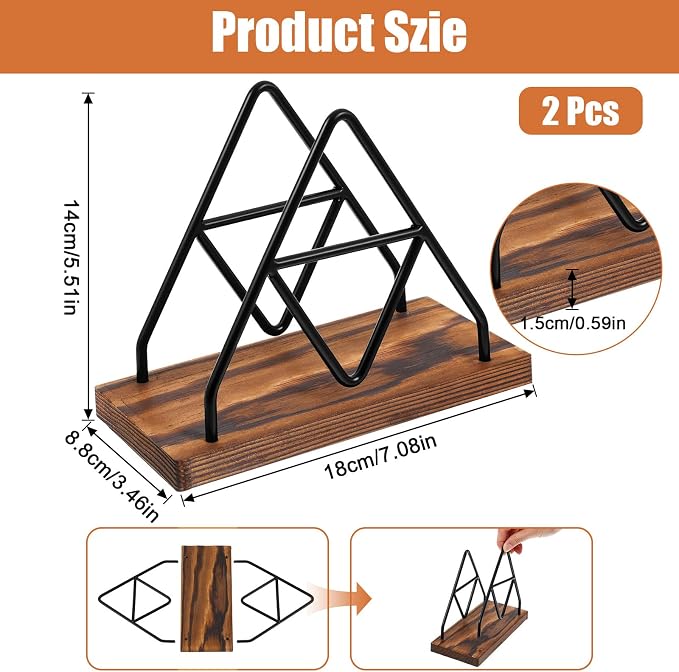 2 Pcs Wooden Napkin Storage,Black Table Napkin Holder with Black Metal Wire for Kitchen, Table Decor, Cocktail Bar