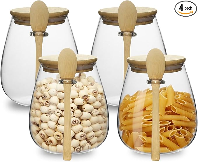 Glass Storage jars with Bamboo Lids and Spoon -38 oz Airtight Storage Containers Glass jar,Wide Mouth,Leak-Proof,Comes Suitable for Coffee Beans, Tea Leaves,Grains, Dried Fruits (Large4PCS)