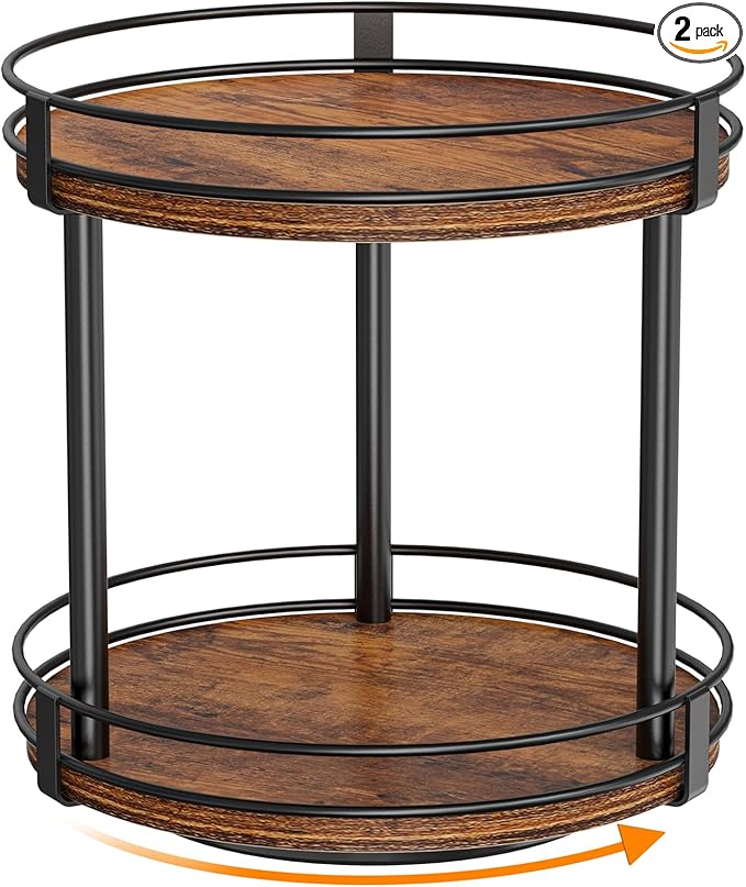 Snughome Rotating Spice Rack, 2 Tier Lazy Susan Organizer, Wood Kitchen Countertop Organizer, Brown Lazy Susan Turntable for Cabinet, 10.2" x 10.2" x 10.4"