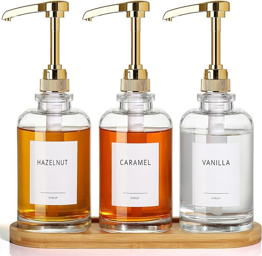 Coffee Syrup Dispenser, Glass Syrup Pump Dispenser for Coffee Bar Accessories, Maple Syrup Bottles with Tray, 16.9 fl oz Simple Syrup Bottles with 1/4oz Large Capacity Gold Pump