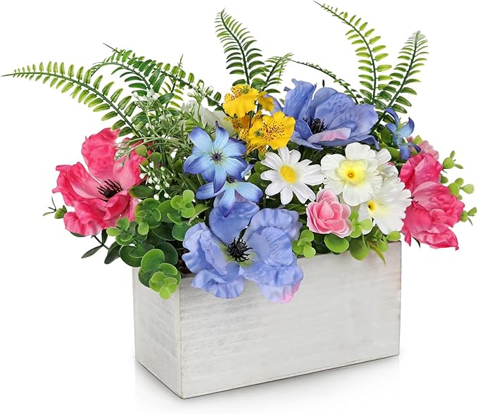 Briful Table Floral Arrangement Centerpiece, Artificial Flowers in Wooden Vase, Silk Flowers for Home Decor Indoor, Spring Summer Flower Farmhouse Table Decor for Dining Table, Coffee Table, Shelf