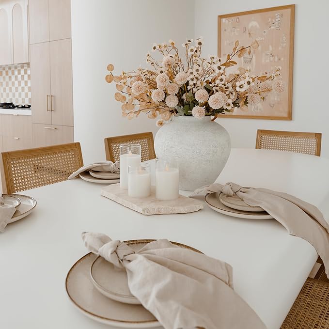 SilkSerenade Beige Silk Kiku Flower Arrangements with Eucalyptus & Wild Flowers for Home Decoration, Fake Flores Long Neutral Tall Mums Cream Stems Artificial Floral Kitchen Dining Table Centerpieces