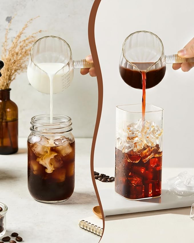 6OZ Glass Measuring Cup - 180ml Borosilicate Glass Espresso Shot Glass with Glass Handle, V-Shaped Spout for Milk Frothing, Espresso Accessories for Machine, Dishwasher Safe