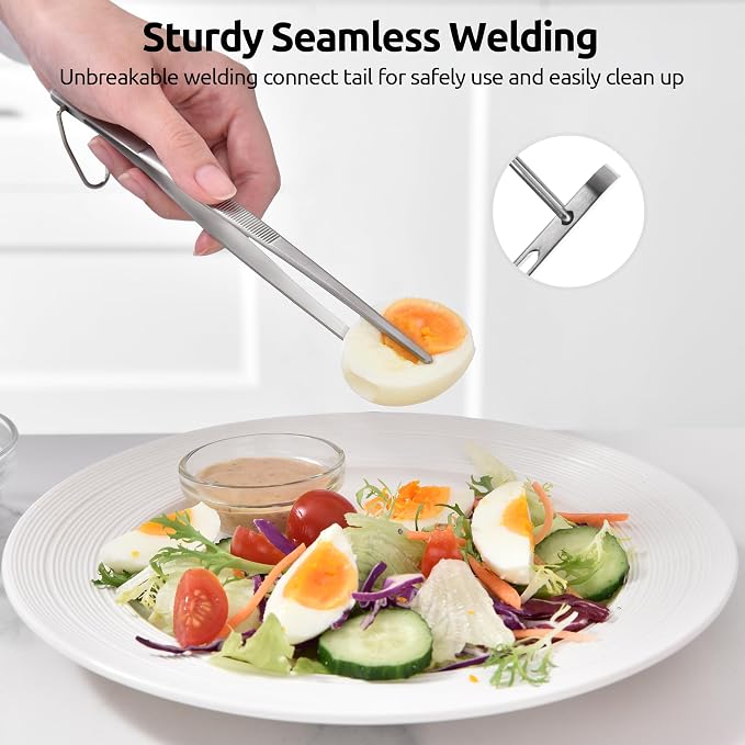 U-Taste 8in Kitchen Plating Tweezer: 18/8 Stainless Steel Food-Grade Metal Food Tong, Seamless-Welding, Sturdy and Flexible with Non-Slip Tips for Serving, Decorating, Cooking, Baking (Pointed Tip)