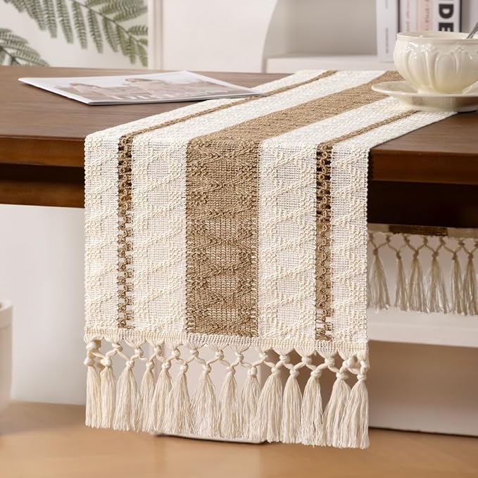 Boho Woven Cotton Linen Table Runner Brown & Ivory 11"x36" with Tassels Rustic Macrame Farmhouse Table Runner for Summer Dining Room Wedding Kitchen Party