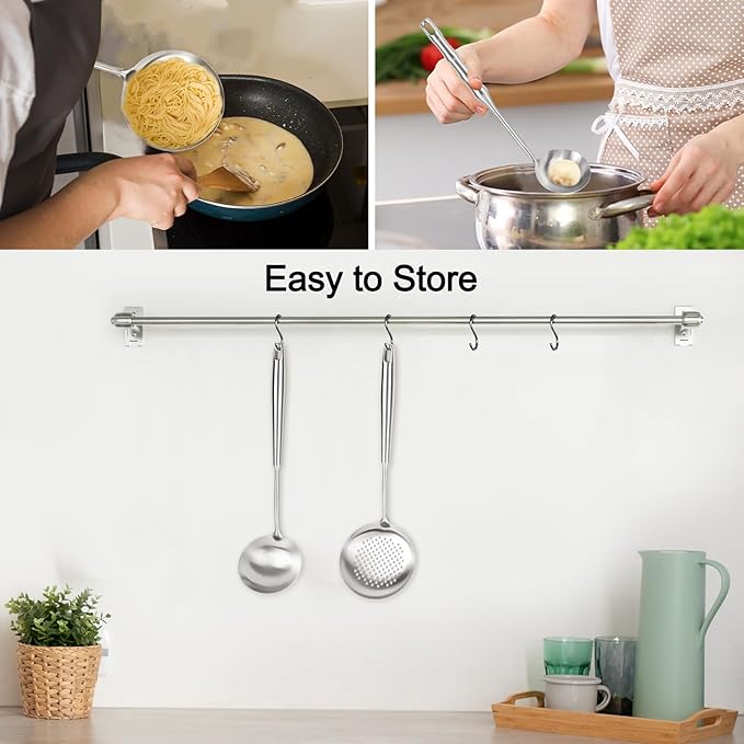 2PCS Soup Ladle Stainless Steel and Slotted Spoon Set, 304 Wok Utensils Set, Metal Strainer Spoon for Cast Iron/Carbon Steel Wok