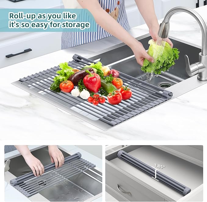 Ohuhu Sink Drying Rack, 20.5" W x 16.1" L Over The Sink Roll-Up Dish Drainer - Rolling Foldable Accessories Heat-Resistant Mat Anti-Slip Silicone Coated Multipurpose for Kitchen Counter