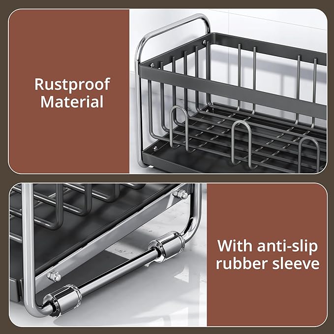 Compact Small Dish Drying Racks for Kitchen Counter - Narrow Metal Dish Drainer Rack with Utensil Holder, Space-Saving Plate Organizer for Sink Storage, Apartment & RV (Grey)