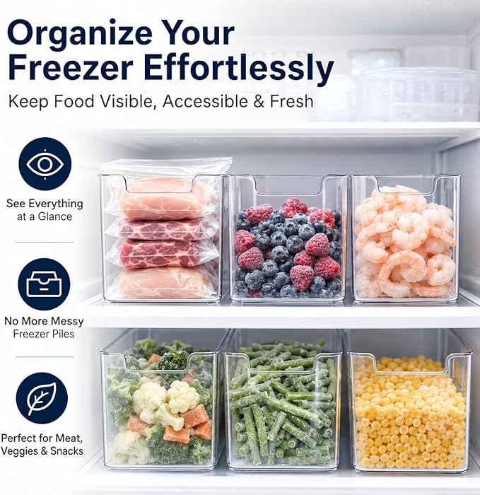 Clear Crystal Freezer Storage Bins,3 Pack Clear Plastic Organizer Freezer Bins for Refrigerator and Pantry,Stackable Kitchen Cabinet Containers with Handles (Crystal Clear, 3pcs*Large)