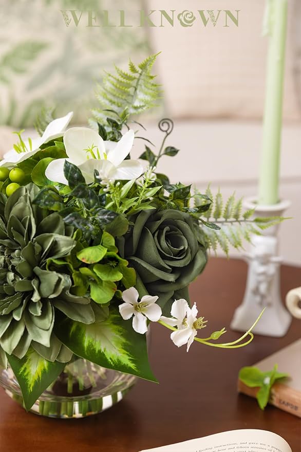 Artificial Flowers in Vase with Fake Water, Silk Rose Dahlia Lily Flowers Bouquet with Glass Vase for Home Birthday Party Wedding Dinning Table Office Hotel Decor Gift (Green & White Mixed)