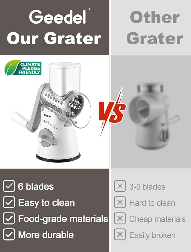 Geedel Rotary Cheese Grater Vegetable Shredder With 6 Interchangeable Blades No Slip Suction Base, Mandoline Slicer & Food Chopper for Cheese, Ice, Nuts, Vegetables, Veggie