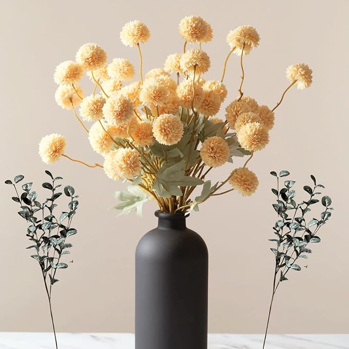 Yellow Flowers Artificial 10 Long Stems Kiku Flower With Eucalyptus, Spring Flowers Decor, Mustard Yellow Decor, Flores Amarillas Artificiales Para Decoracion, Faux Easter Spring Summer Floral Stems