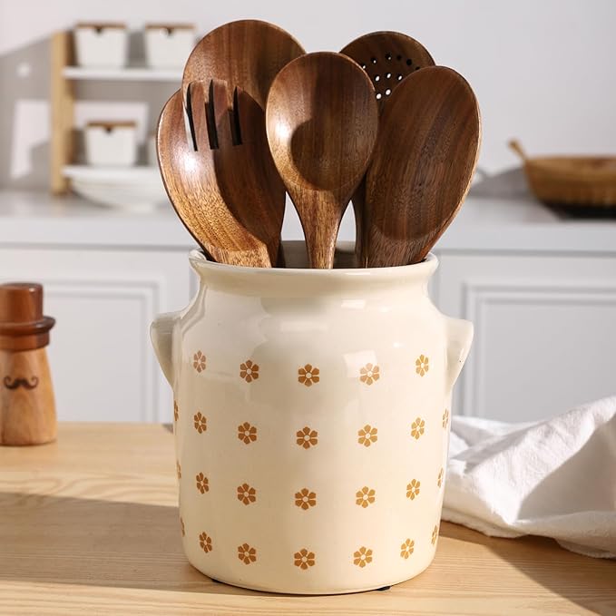 Ceramic Farmhouse Kitchen Utensil Holder for Countertop, Rustic Cooking Utensil Holder Crock Fit for Kitchen Counter. Daisy Pattern 5.3 x 5.3 x 6.8 IN