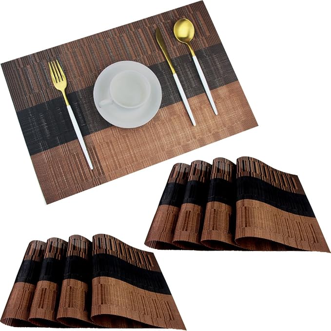 PIGCHCY Placemats Set of 8 Washable Durable Placemat Vinyl Heat Resistant Non-Slip Table Mats Indoor Outdoor (Brown)