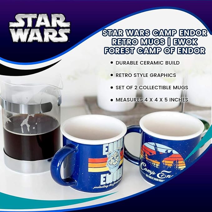 Star Wars Camp Endor Retro Style Mugs | Ewok Forest Camp of Endor Cups | Set of 2 Ceramic Mugs