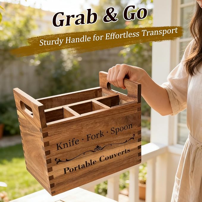 Portable Acacia Wood Kitchen Utensil Holder with Handle, Farmhouse Countertop 4-Compartment Wooden Cooking Utensil Holder for Counter, Island & Dining Room