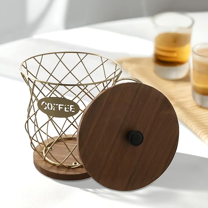 Gold Coffee Pod Storage Organizer with Lid and Handle - Large Capacity Coffee Capsules Holder for Home Office Countertop Decor