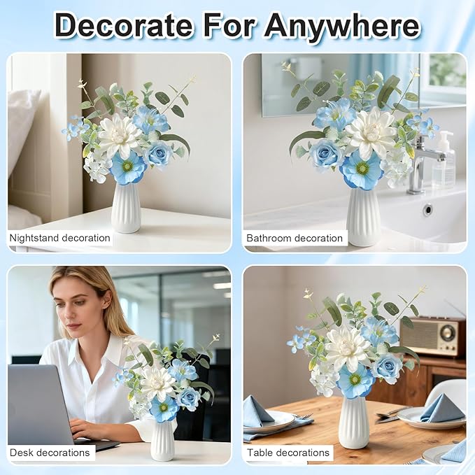 Small 11.8" Artificial Flowers in Ceramic Vase - Blue Silk Flower Centerpiece for Dining Table, Office, Wedding & Farmhouse, Home Decor Gifts
