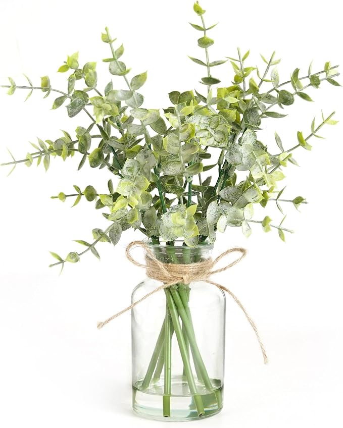 Muhanjia Artificial Eucalyptus Stems in Glass Vase with Faux Water,7Pcs Fake Plant for Centerpiece Bathroom Farmhouse Room Home Decor (Sage Green Eucalyptus)