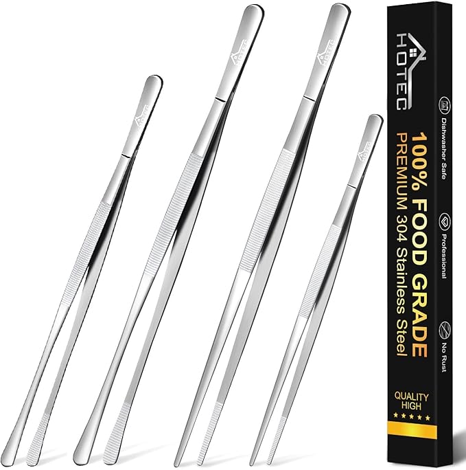 HOTEC Kitchen Tweezers Tongs Stainless Steel, Set of 4-10" and 12inch Extra-Long Food Tweezers Fine Kitchen Tongs for Cooking,Grill and Baking