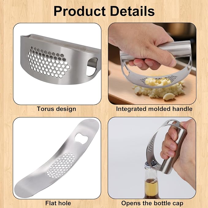 Stainless Steel Garlic Press Set, Includes 2 Stainless Steel Garlic Press Tools 1 Silicone Peeler Tube and 1 Brush Practical Kitchen Gadgets for Easy Smashing