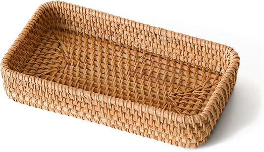 Small Rattan Serving Tray, Natural Wicker Decorative Tray Handwoven for Keys Trinkets Rings Cosmetics, Decorative Jewelry Perfume Tray for Coffee Table Entryway Living Room(8.2" × 4.3")