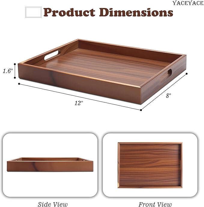 Wood Tray for Kitchen Counter, 12"x8"x1.5" Small Serving Tray with Handle for Ottoman, Coffee Table, Kitchen, Home Decor, Bathroom