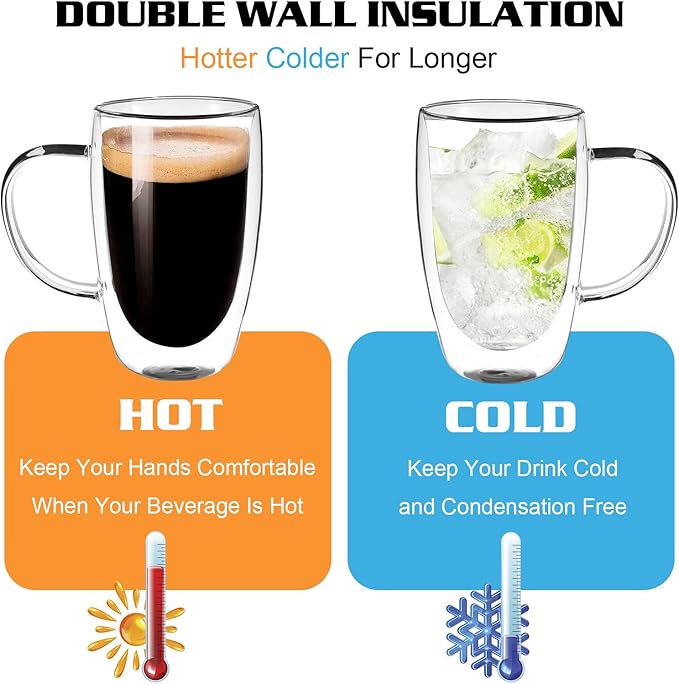 Clear Glass Double Wall Insulated Round Coffee Mugs Set of 2 Pieces - Large Size 16oz Best Reusable Coffee Mug for Home Cafe Restaurant Perfect for Espresso Capucinno Lungo Latte Coffee